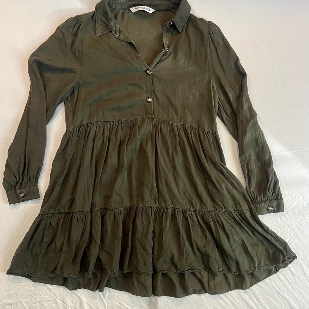 Zara Olive Green Tiered Babydoll Dress - Picture 3 of 5